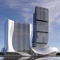 Modern Office Building With Two Tall Towers Unique Curved Roof Sunset Sky And Water Reflection