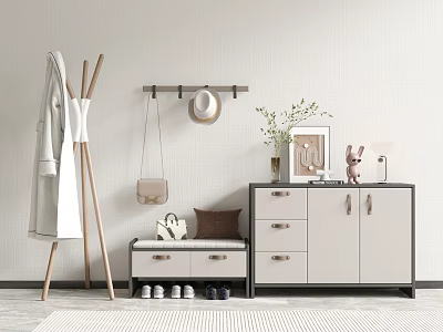 Modern Shoe Cabinet with Drawers Doors Bench Coat Rack and Decorative Items 3d model
