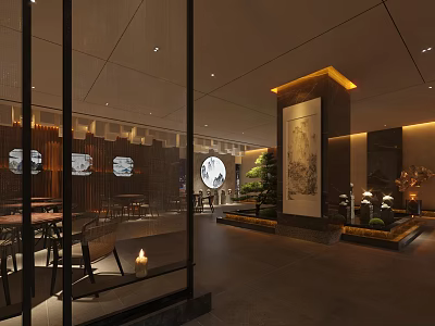 Traditional Chinese Hotel Lobby Interior With Warm Lighting Decorative Paintings And Green Plants 3d model