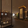 Traditional Chinese Hotel Lobby Interior With Warm Lighting Decorative Paintings And Green Plants