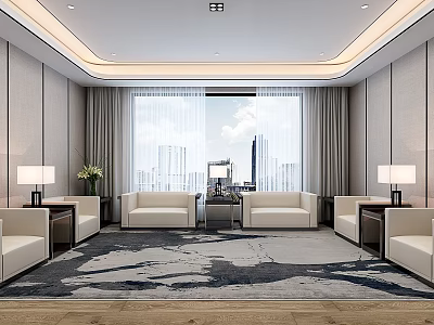 Hotel Public Lounge With Comfortable Sofas Floor to Ceiling Windows City View and Area Rug 3d model