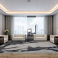 Hotel Public Lounge With Comfortable Sofas Floor to Ceiling Windows City View and Area Rug