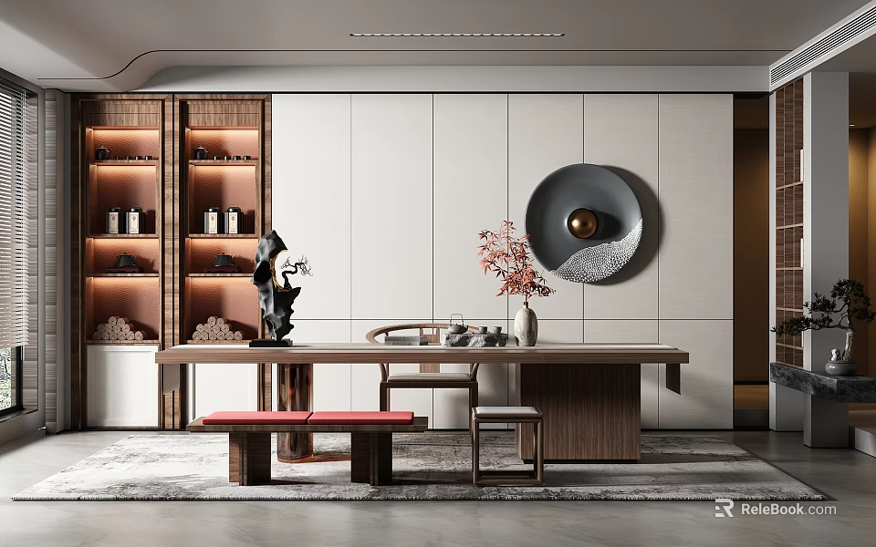 Elegant Modern Study Room Interior With Wooden Bookshelves Circular Art Tea Table Bench And Rug 3d model 