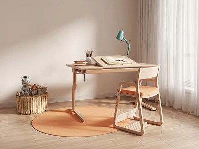 Wooden Desk With Green Lamp Open Book Stationery Matching Chair Orange Rug And Natural Light 3d model