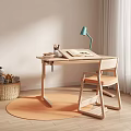 Wooden Desk With Green Lamp Open Book Stationery Matching Chair Orange Rug And Natural Light