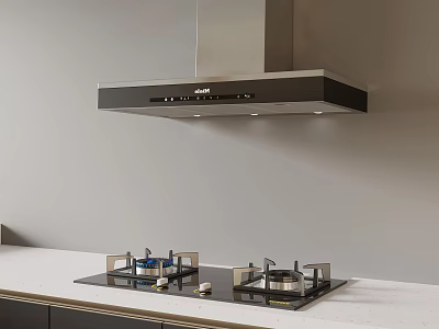 Modern Kitchen With Range Hood And Gas Cooktop On White Countertop 3d model