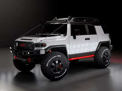 White Off Road SUV With Roof Rack Large Tires Red Accents And Front Grille Design 3d model