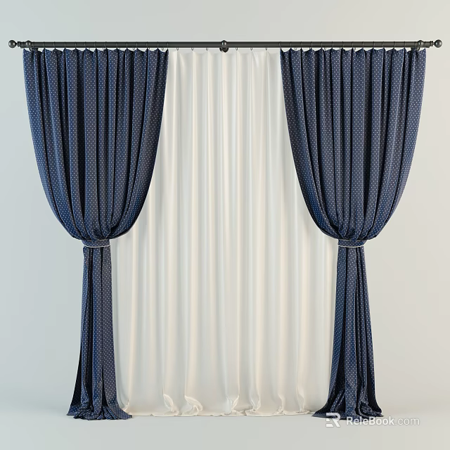 Navy Blue Curtains With White Sheer Layers And Tied Back Detail For Home 3d model 