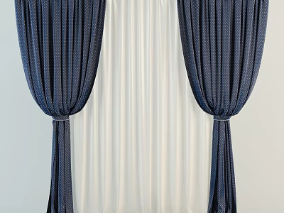 Navy Blue Curtains With White Sheer Layers And Tied Back Detail For Home 3d model