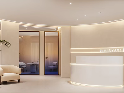 Elegant Beauty Hair Salon Interior With Reception Desk Sofa Green Plant And Lighting 3d model