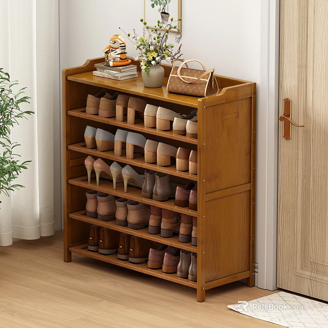 Bamboo Shoe Cabinet With Multiple Shelves For Neatly Arranged Shoes And Decorative Items On Top 3d model 