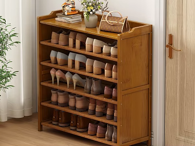 Bamboo Shoe Cabinet With Multiple Shelves For Neatly Arranged Shoes And Decorative Items On Top 3d model