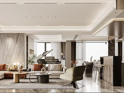 Modern Living Dining Room Interior Design With Sofa Dining Table And Large Windows 3d model