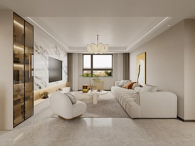 Modern Living Dining Room Interior With White Sofa Marble Wall And Chandelier 3d model