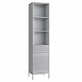 Modern Minimalist Gray Shelving Unit With Ribbed Drawer Open Shelves And Decorative Balls