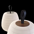 Minimalist Table Lamp With White Striped Shade Wooden Base And Black Handle