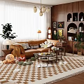 Cozy Living Room Interior With Brown Leather Sofa Wooden Shelves Artworks And Green Plants
