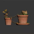 Whimsical Cartoon Scene Featuring Clay Pots Small Bridge Smiley Face Plants Wooden House and Pumpkins