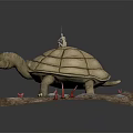 Small Person Sitting On Giant Tortoise Back With Red Objects And Stones On Brown Mat