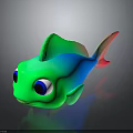 Colorful Cartoon Fish with Big Eyes Green Body Pink Tail on Dark Background with Reflection