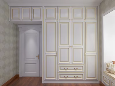 Elegant White Wardrobe with Gold Decorative Trim in Room with Wooden Flooring and Patterned Wallpaper 3d model