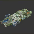 Futuristic Sci-Fi Spaceship with Metallic Exterior and Colorful Modular Sections and Glowing Blue Accent Parts