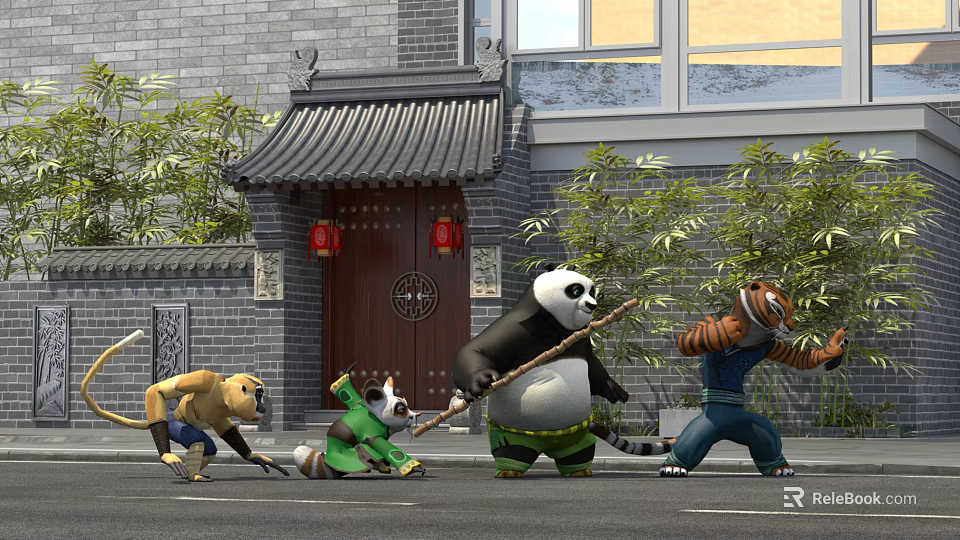 Kung Fu Panda Characters Practicing Martial Arts Outside Traditional Chinese Building With Red Lanterns 3d model 