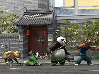 Kung Fu Panda Characters Practicing Martial Arts Outside Traditional Chinese Building With Red Lanterns 3d model