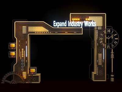 Industrial Style Activity Entrance with Expand Industry Works and Gear Clock Decorations 3d model