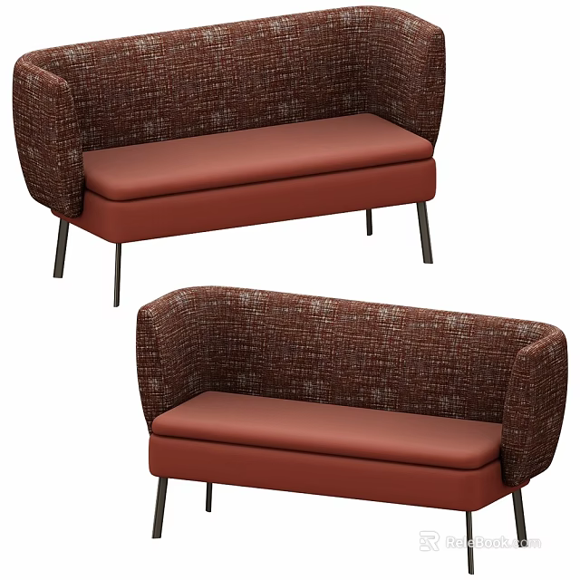 Modern Sofa With Brown Fabric Curved Backrest Red Cushion And Black Metal Legs 3d model 