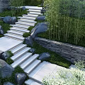 Stone Stairs in Outdoor Landscaped Garden with Greenery Trees Grass and Open Space