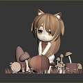 Fox Eared Cartoon Girl Sitting on Grassy Platform with Mushrooms and Tree Stumps