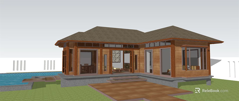 Boutique Guesthouse Building With Wooden Structure Gabled Roof Lawn Terrace And Swimming Pool 3d model 
