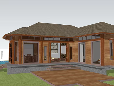 Boutique Guesthouse Building With Wooden Structure Gabled Roof Lawn Terrace And Swimming Pool 3d model