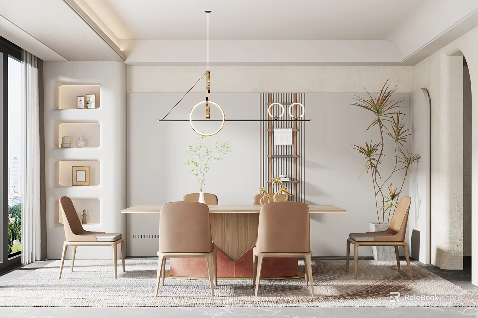 Modern Restaurant Interior With Open Layout Dining Table Chairs And Pendant Lights 3d model