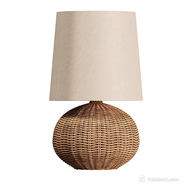 Round Wicker Base Table Lamp With Beige Fabric Shade For Home Interior 3d model