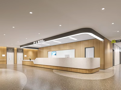Hospital Outpatient Clinic Interior With Modern Reception Desk And Wooden Wall Design 3d model