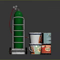 Everyday Household Items With Wheeled Cart Colorful Cans And Green Gas Cylinder