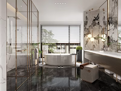 Elegant Modern Bathroom Interior With Marble Walls Free Standing Bathtub Large Mirror And Black Floor 3d model