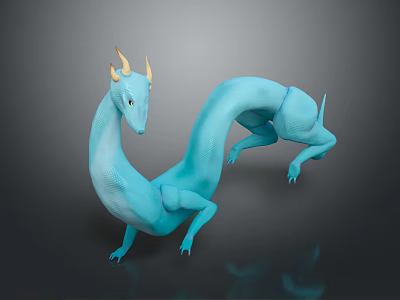 Blue Fantasy Dragon Like Creature Showcasing Yellow Horns Curved Body And Dynamic Stance 3d model