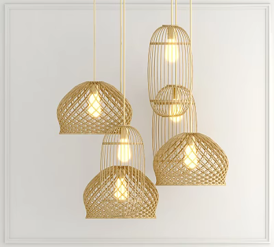 Natural Woven Rattan Pendant Lights Dome And Cage Shapes With Warm Interior Lighting 3d model