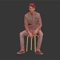 Man Sitting on Wooden Stool Wearing Light Green Blazer Gray Pants and Gray Shoes