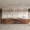Contemporary Reception Desk Design With Curved Wooden Slats And Terrazzo Backdrop