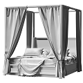 Natural Wood Frame Double Canopy Bed With White Sheer Curtains And Comfortable Bedding For Bedroom