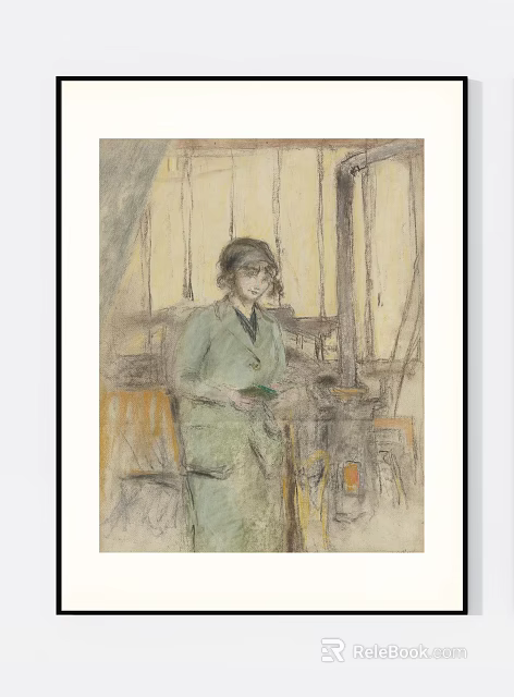 Sketch Style Portrait Painting of Woman in Green Holding Book with Window Background 3d model 
