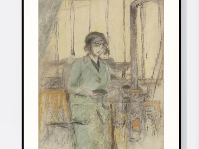 Sketch Style Portrait Painting of Woman in Green Holding Book with Window Background 3d model