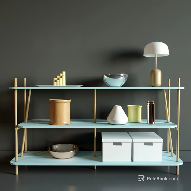 Modern Light Blue Shelving Unit With Golden Frame Decorative Bowls Storage Boxes And Table Lamp 3d model 