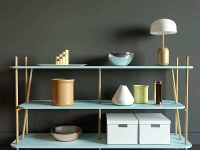 Modern Light Blue Shelving Unit With Golden Frame Decorative Bowls Storage Boxes And Table Lamp 3d model