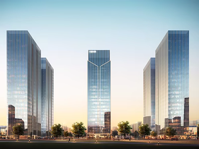 Modern Glass Curtain Wall Office Buildings With Trees In Urban Commercial District 3d model