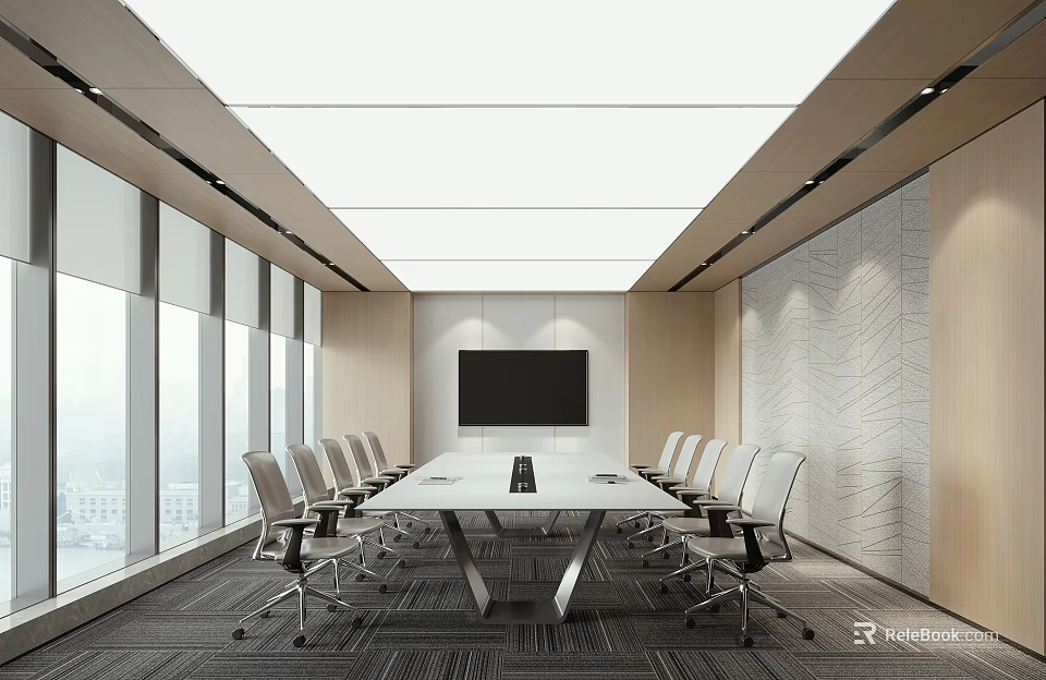 Modern Bright Spacious Conference Room With Large Meeting Table Comfortable Office Chairs And Wall Screen 3d model 